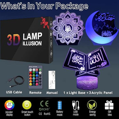 3pcs Muslims Night Lights - 3D Illusion Lamp Set with Moon Castle, Quran Book, Flower Designs - 16 Changeable Colors with Remote and Touch Control Ramadan Islamic Gifts for Kids Friends Home Deco