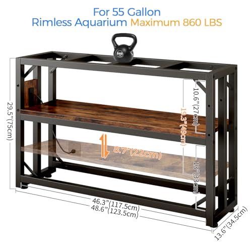 METYERRY 55 Gallon Fish Tank Stand with Power Outlet,Adjustable Aquarium Stand, Heavy Duty Terrarium Stand,Metal Frame Reptile Turtle Tank Stand Suitable for Home Office,860LBS Capacity, Rustic Brown - color: Rustic Brown, size: 55 Gallon