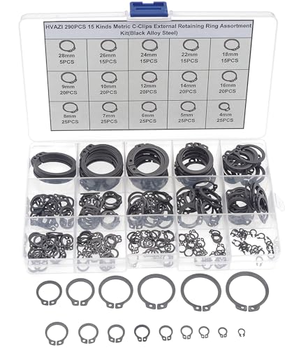 290PCS C-Clips External Retaining Ring Assortment Kit, Black | Phosphate Black Finish