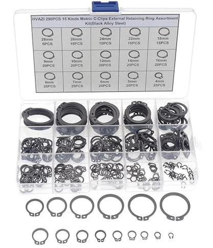 290PCS C-Clips External Retaining Ring Assortment Kit, Black | Phosphate Black Finish