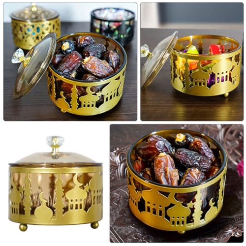 Ciieeo Ramadan Serving Trays 2pcs Round Candy Dish with Lid Metal Eid Mubarak Snack Tray Sugar Storage Bowl Islam Plate Muslim Party Table Decor Golden