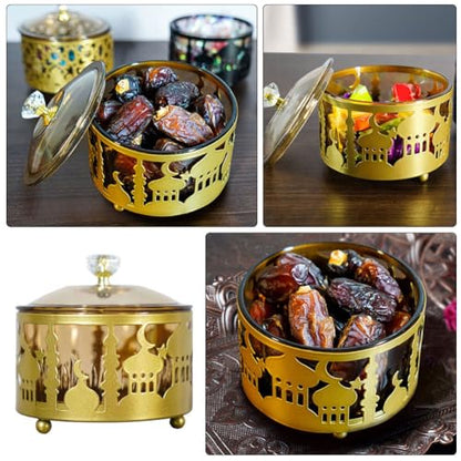 Ciieeo Ramadan Serving Trays 2pcs Round Candy Dish with Lid Metal Eid Mubarak Snack Tray Sugar Storage Bowl Islam Plate Muslim Party Table Decor Golden