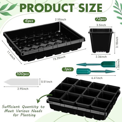 Nuenen Seed Starter Tray 6 Pcs, 3.5 Inch Square Nursery Pots 72 Pcs, Seed Starting Pot with Drainage, Seedling Trays, Microgreenings Plant Propagation Germination Tray, 6 Set