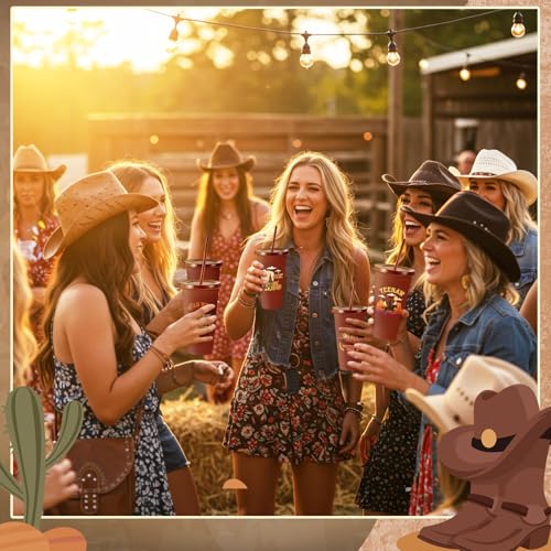 Chuangdi 12 Pcs Western Cowboy Plastic Tumbler, 24 oz Reusable Western Theme Party Plastic Tumbler with Lids and Straw for Rodeo Theme Party Christmas Gifts Birthday Supplies Decorations - style: Cowboy