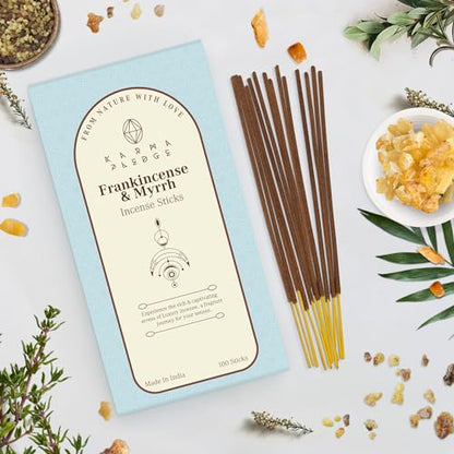 KarmaPledge Frankincense & Myrrh Incense Sticks, Burn Time 45-60 Min, 100 Sticks - color: Frankincense & Myrrh, size: 100 Hand Dipped Sticks