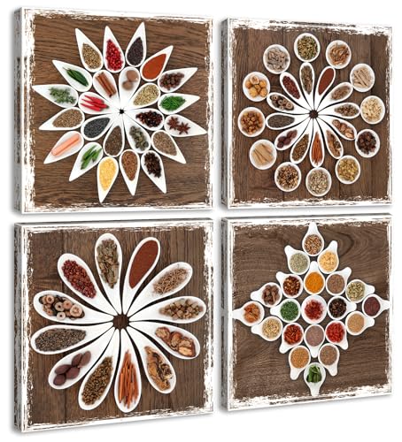DJSYLIFE Kitchen Pictures Wall Decor Vintage Canvas Wall Art 12" x 12" - color: Seasoning, size: 12"L x 12"W x 4 Pieces