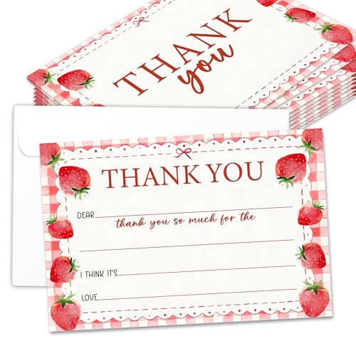 Kids Thank You Cards with Envelopes, Strawberry Theme Fill in the Blank Thank You Notes for Kids, Toddler Stationery Set, Ideal for Birthday Party, Graduation & School Gag Gifts - B08 - color: Strawberry Style