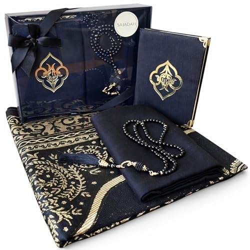 SAJADAH Muslim Prayer Rug Set - 4 in One Islamic Gifts Set, Prayer Mat, Prayer Beads, Hijab, Surahs Book,Eid Gifts - color: Black