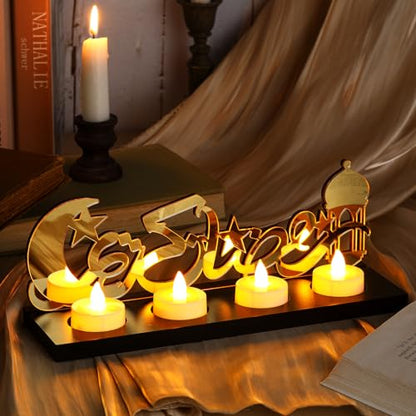 Rossesay Islamic Decorations Islamic Candle Holder with LED Tea Candles Wooden Acrylic Islamic Tabletop Decors Ramadan Kareem Eid Mubarak Sign Muslim Gifts for Home Table Party Decorations(Novelty)