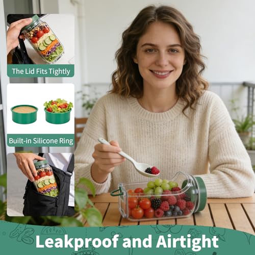 Leak-Proof 35oz Salad Jar, Leak-Proof Dressing Cup With Lid, Reusable BPA-Free Side-Opening Food Storage Container, For Office, Travel and Picnic,1 Ps (Green)