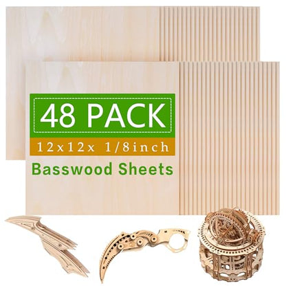 48 Pack Basswood Sheets,12 x 12 x 1/8 Inch,3mm Basswood Plywood Sheets with Smooth Surfaces, Unfinished Wood for Laser Cutting, Wood Burning,Drawing, Architectural Models and DIY Wood Crafts(48)