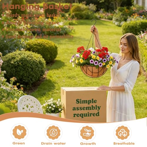 14 inch Metal Hanging Baskets For Plants Outdoor 4 Pack Round Metal Wire Hanging Basket Planter with Coco Fiber Liners Plant Holder for Garden, Patio, Deck, Porch Plants Flower Potss Outdoor(Grid) - size: 14 Inch, style: Grid