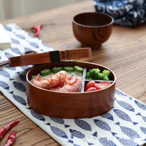 LIZEALUCKY Portable Bento Box, 7 inch Wooden Lunch Box, Adult Wooden Bento Box Handmade Natural Wooden Sushi Box Cutlery Bowl Food Container 3 Compartment Storage