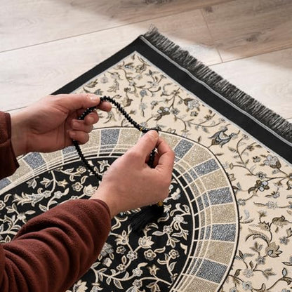 Muslim Prayer Rug with Islam Prayer Beads - Travel Prayer Mat, Islamic Gifts for Women, Portable Prayer Matt Islam, Islamic Prayer Rug Islam Men Women, Praying Mat for Muslim Gifts, Black - color: Black