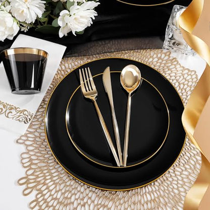MirthMood 210Pcs Black and Gold Disposable Plates,Black Plates, Black and Gold Plates Include 30 Dinner,Dessert Plate,30 Cup&30 Napkins, 90 Gold Silverware for Wedding & Party & Birthday & New Year - color: Black, size: 210