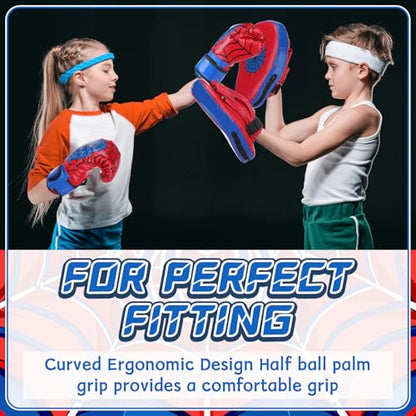 Boxing Gloves and Punching Mitts Set 4oz Gloves Boxing Pads Kids Youth Sparring Gear Training Equipment for Taekwondo Kick Karate Muay Thai MMA Martial Art - style: Red Spider