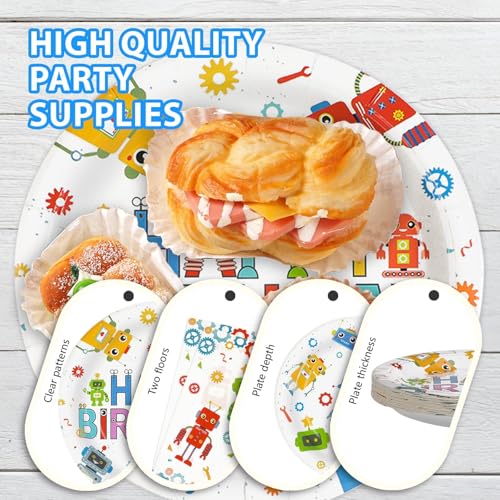 Grencian 96Pcs Robot Birthday Party Supplies Robot Themed Plates and Napkins Disposable Tableware Set for Boys Kids Birthday Party Baby Shower Decorations Serves 24 - style: Robot Theme Birthday Party Tableware Set