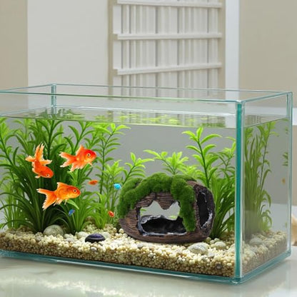 Fish Tank Barrel Decoration, 4.7 in / 12 Cm with Mossy Accent, Brown Resin Fish Cave, Safe Shelter