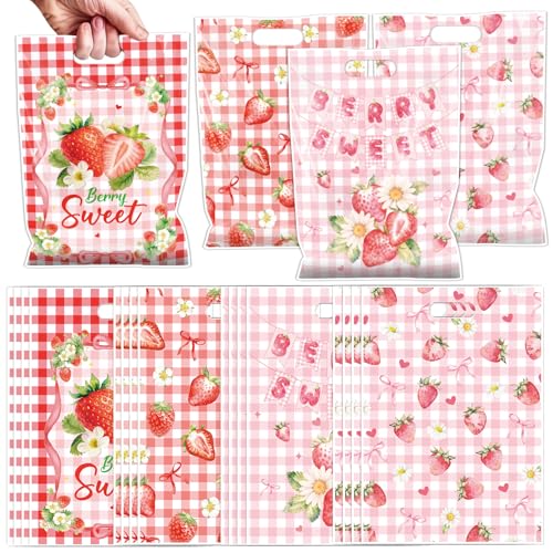 Falueqg Strawberry Party Favor Bags - 50 Pcs Summer Strawberry Goodie Candy Gift Bags Cute Berry Sweet Party Favors for Berry Theme Birthday Baby Shower Wedding Decorations - color: Strawberry