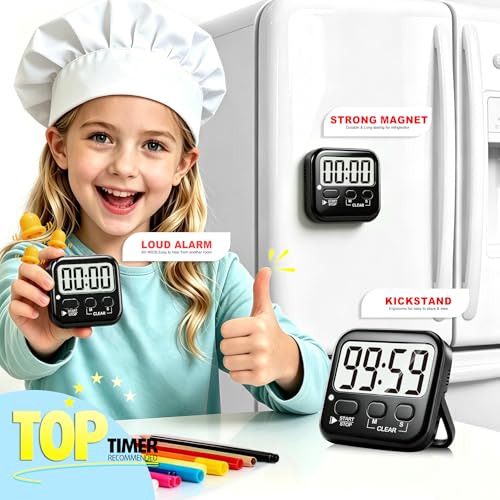 2 Pack Digital Timer for Kids Classroom Kitchen Timers for Cooking | w/ Battery, Easy to View, Alarm, Mute Mode, Count Down/Up, Magnetic, Kickstand, Hanging, Classroom Timer for Teacher Supplies - color: Rich Black *2
