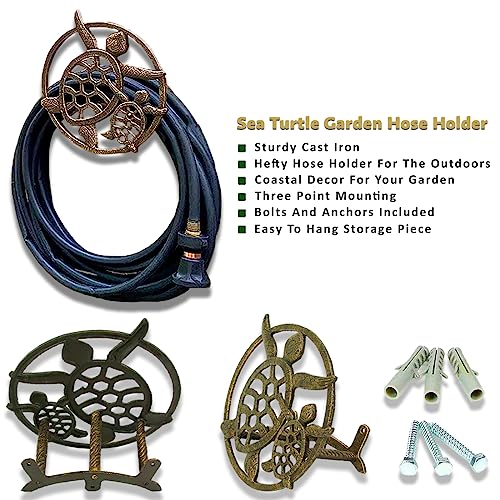 Zeckos Sea Turtle Garden Hose Holder, 12.25 Inch Diameter Bronze Cast Iron | Wall Mounted, 5.75 Inch Deep, Holds About 75 Feet of Hose, Bolts and Anchors Included - color: Sea Turtle - Bronze