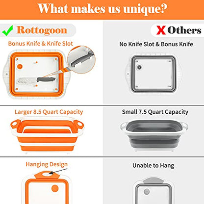 Rottogoon Collapsible Cutting Board, Foldable Chopping Board with Colander, Multifunctional Kitchen Vegetable Washing Basket Silicone Dish Tub for BBQ Prep/Picnic/Camping(Orange) - color: Orange