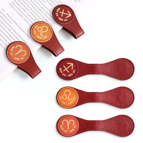 3 PCS Leather Magnetic Bookmark Clips, Zodiac PU Leather Bookmarks for Book Lovers, Full Set of Book Clip Accessories, Fire Sign - style: Fire Signs Constellation