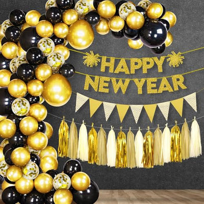 KatchOn, Happy New Year Gold Star Garland - Large, Pack of 99 | New Year Balloon Garland Kit, Happy New Year Decorations 2024, NYE Decorations 2024 | Foil Tassel Garland for NYE decorations 2024