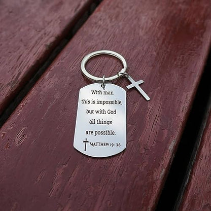 GiftYou Inspirational Scripture Metal Key Chains with Cross Pendant - Bible Verse Keychain Religious Gift for Christian - color: Matthew 19:26