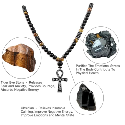 Ankh Cross Pendant Ancient Egyptian Hieroglyphic Symbol of Health and Eternal Life Men Cross Necklace with Tiger Eye Stone Obsidian Hematite Triple Protection Crystal Beads Chain - color: Black-Silver