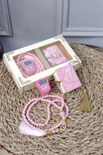 SODEF 10-Piece Islamic Gift Set | Velvet Mini Quran, 99 Pearl Tasbih, Digital Zikirmatik Ring | Pink Acetate Box | Hajj, Umrah, Wedding Favors - Pink