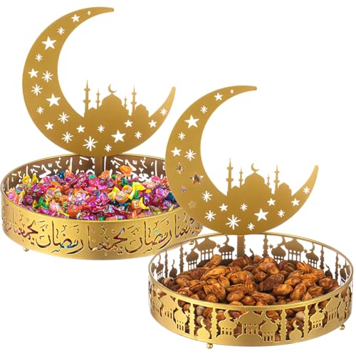 2 Pcs Ramadan Eid Plate Tray Mubarak Moon Dinner Tray Ramadan Serving plate Round Metal Muslim Dessert Trays Food Storage Display Holder for Eid Party Table Centerpiece