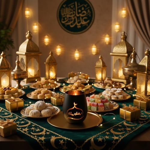 Ramadan Mubarak Decorations, Matte Black & Gold Glass Tealight Holders, Eid Mubarak Table Decor with Mosque Silhouettes, Luxury Islamic Home Decor & Gift for Ramadan Kareem