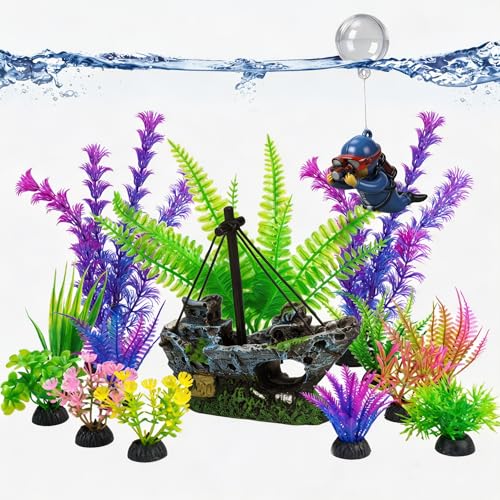 Ameliade Fish Tank Decorations & Aquarium Plastic Plants Accessories Set | 13 Soft Artificial Plants, Floating Diver and Shipwreck Decor, Betta Goldfish Sunken Ship Fish Bowl Ornaments