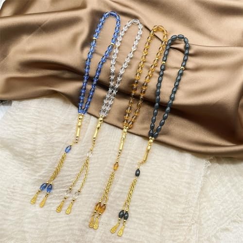 Oval Beads Glass Islamics Prayer Beads Tasbih With Gold Tassels For Daily Devotion And Cultural Event - color: Transparent Blue