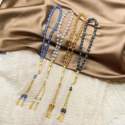 Oval Beads Glass Islamics Prayer Beads Tasbih With Gold Tassels For Daily Devotion And Cultural Event - color: Transparent Blue