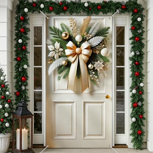 IVN Merry Christmas Door Cover 71x35 Inch Holiday Front Porch Door Banners Decoration Winter Gold Ribbon White Ornament Pine Leaf Luxury for Sign Background Holiday Party Indoor Outdoor Decor - color: Gold Flower
