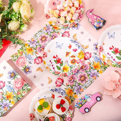 Funnymoom 96 Pcs Wildflower Tableware Set for 48 Guests Include 48 7 Inch Dessert Plates and 48 Napkins Watercolor Disposable Dinnerware for Birthday Holiday Tea Party Supplies - style: Wildflower
