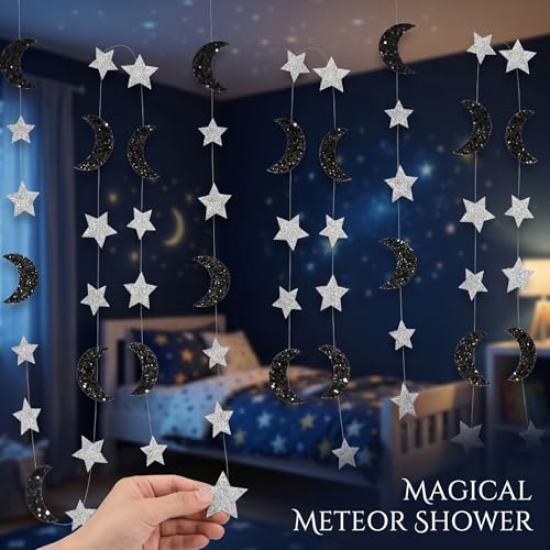 Prom Decorations 4m Glitter Paper Star Strips Black Silver Moon and Stars Decor, Hanging Space Decorations Galaxy Garland for Ramadan Birthday Backdrop Ceiling Decor