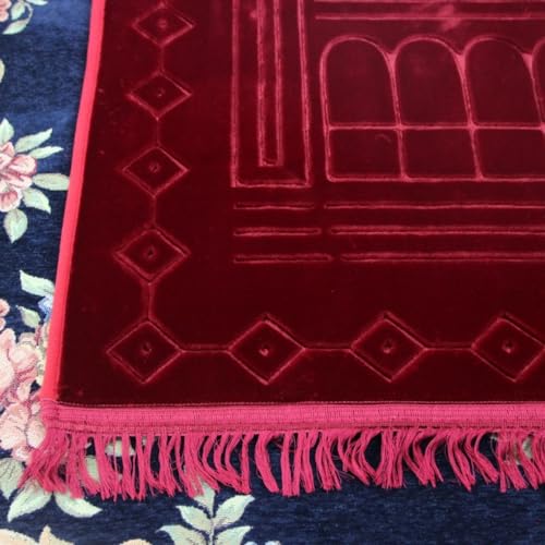 Thick Flannel Muslim Prayer Rug Embossed Turkish Prayer Carpet Islam Prayer Mat Rosary Beads for Men Women Islamic Janamaz Great Ramadan Eid Gift Elegant Sajadah with Tassel Salat Rug 80x120cm - color: Red