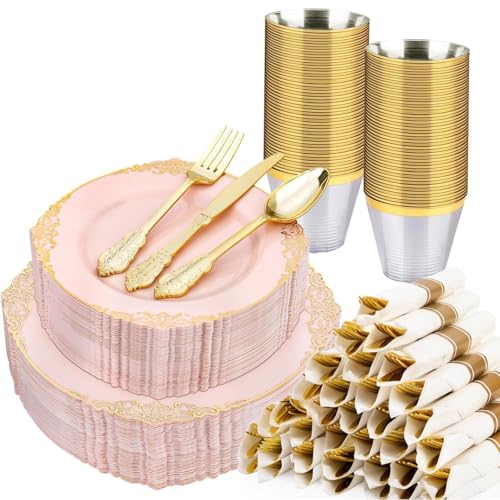 Realluck 350 Piece Pink Plastic Plates Set for 50 Guests - color: Pink