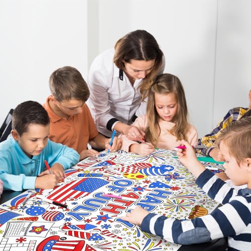 Gatherfun 7월 4일 컬러링 식탁보 | 애국적인 자이언트 포스터 80.9 x 182.9cm(31.5 x 72인치) | 독립 기념일 장식 및 활동에 이상적 | 교실 벽 또는 학교 파티 테이블 커버를 위한 미국 국기 테마 - style: 독립 기념일