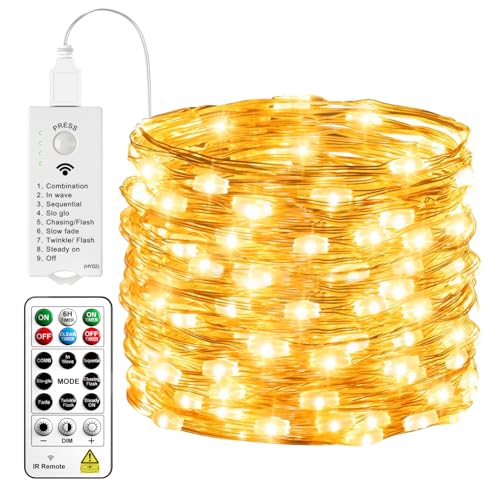 HXWEIYE Fairy Lights Battery Operated (Included) with DIY Timer & Remote，33ft 100LED Rechargeable Twinkle String Lights, 8 Modes Decor Light for Bedroom Indoor Wedding Dorm Christmas Tree(Warm White) - color: Warm White, size: 1 Pack