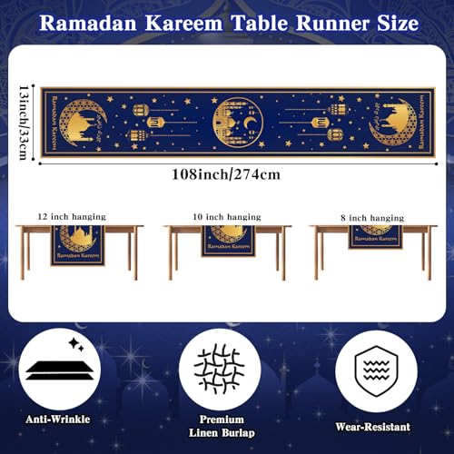 Eid Mubarak Table Runner, Ramadan Decorations, Ramadan Kareem Table Runner, Blue and Golden Moon Star Ramadan Holiday Table Decorations for Eid Mubarak Home Kitchen Dining Party Supplies, 13" X 108" - size: 13" x 108"