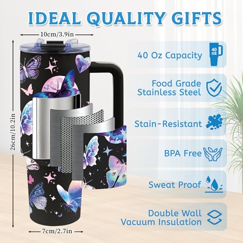 40oz Tumbler with Handle & Straw, Butterfly Gifts for Women | Insulated Stainless Steel Travel Mug, Holiday, Birthday Gifts for Women, Friends, Daughter, Mom - color: Butterfly-Black