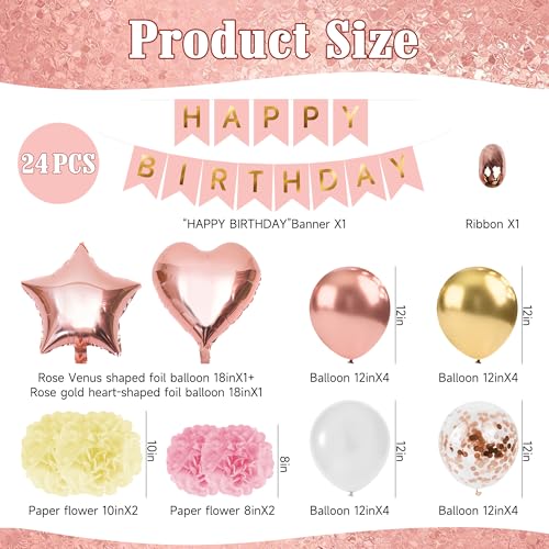 Rose Gold Happy Birthday Party Decorations, Happy Birthday Banner, Rose Gold Heart Star Foil Confetti Balloons and Pink Balloons Party Decorations Kit for Girls Women Princess - style: Rose Gold