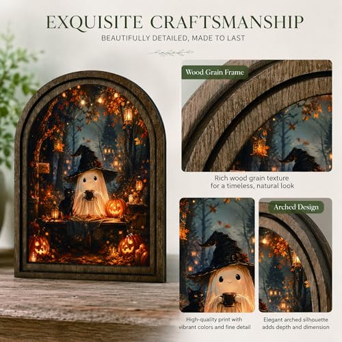Ghost Witch Coffee Arched Decor, Halloween Cat Table Sign, 5.9x7.9 - color: Pumpkin Ghost