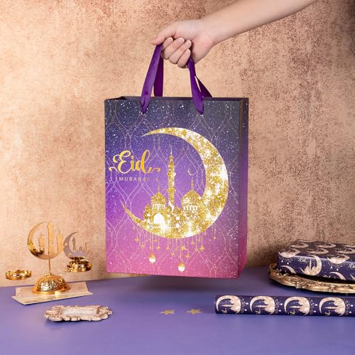 Loveinside Ramadan Gift Bag, Purple Gradient and Gold Crescent Moon Mosque Design, Eid Medium Size Gift Bag with Tissue Paper for Muslim Festival, Holiday, Wedding, 10" x 5" x 13", 1 Pcs - color: Ramadan