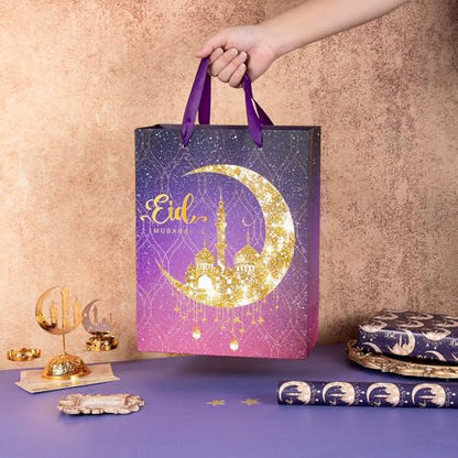 Loveinside Ramadan Gift Bag, Purple Gradient and Gold Crescent Moon Mosque Design, Eid Medium Size Gift Bag with Tissue Paper for Muslim Festival, Holiday, Wedding, 10" x 5" x 13", 1 Pcs - color: Ramadan