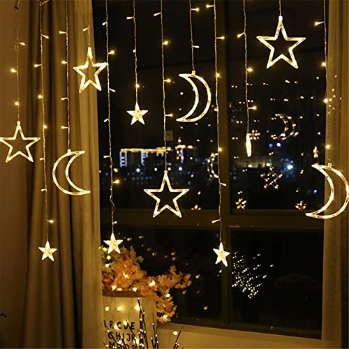 Gavigain Star Moon Curtain String Lights, 10ft 126 LED Ramadan Outdoor Lights with Steady/Flashing Modes for Halloween, Christmas, Camping, Patio Decor - color: New Style